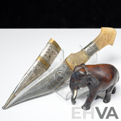 Interesting Dagger with Horn Handle, Brass & Metal Repousse Sheath Along with Hand Carved Ebony Elephant Figure