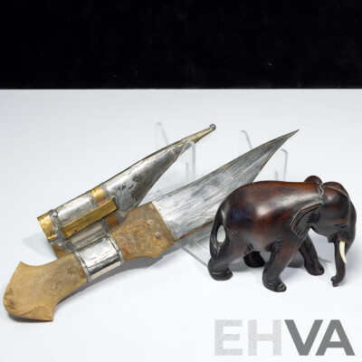 Interesting Dagger with Horn Handle, Brass & Metal Repousse Sheath Along with Hand Carved Ebony Elephant Figure