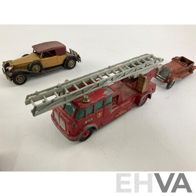 Collection of Vintage Matchbox King Size and Models of Yesteryear Including Merryweather Fire Truck, Ascot Stables Horse Van, Ready Mix Concrete Truck, Foden Breakdown Tractor
