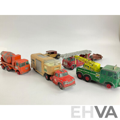 Collection of Vintage Matchbox King Size and Models of Yesteryear Including Merryweather Fire Truck, Ascot Stables Horse Van, Ready Mix Concrete Truck, Foden Breakdown Tractor