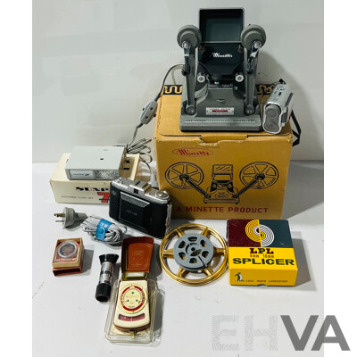 Collection of Vintage Film and Camera Gear Including Minette 8mm Film Viewer Editor M-2, Nettar Zeiss Ikon Folding Camera, Sunpak 7S Electronic Flash Unit and More