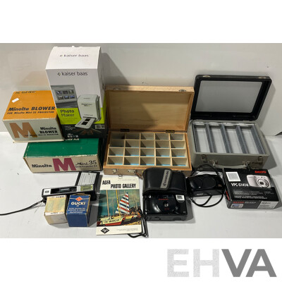 Collection of Vintage Cameras, Projectors, Photomaker From Sanyo, Samsung, Minolta and More