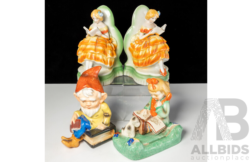 Pair Vintage Japanese Ceramic Lady Reading Bookends Along with Ceramic Child Reading and Gnome on Book Figures