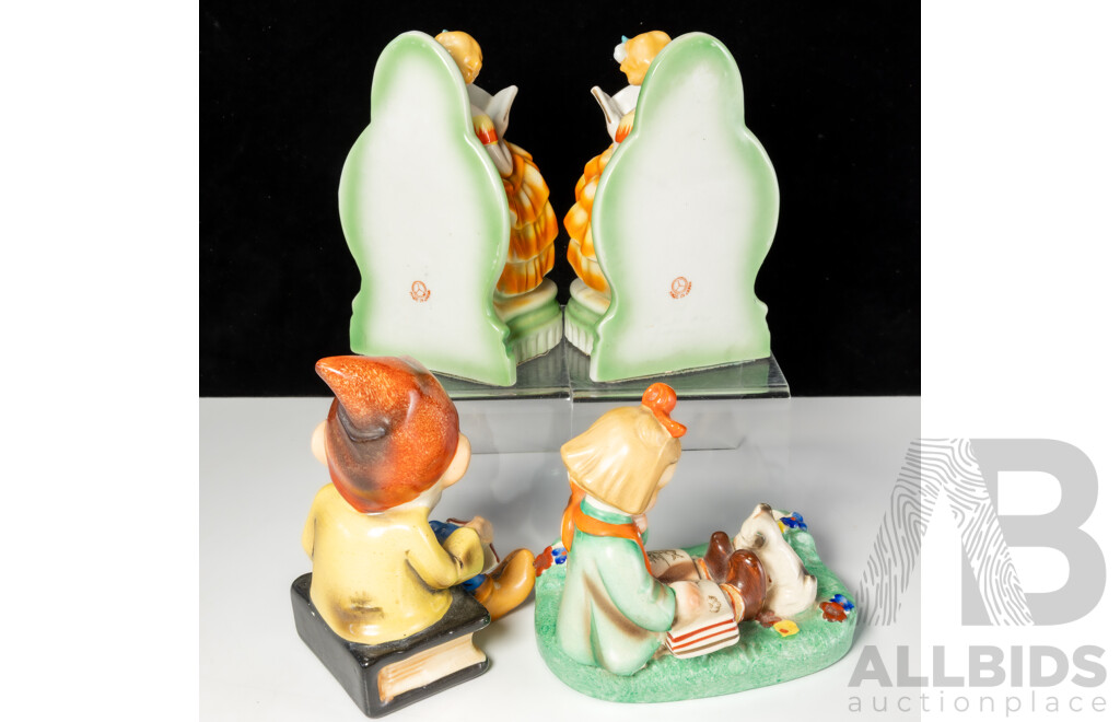 Pair Vintage Japanese Ceramic Lady Reading Bookends Along with Ceramic Child Reading and Gnome on Book Figures