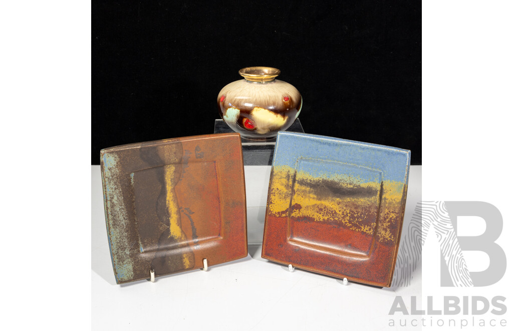 Pair Australian Studio Pottery Square Form Platters by Janet De Boos Along with Another Studio Pottery Vase