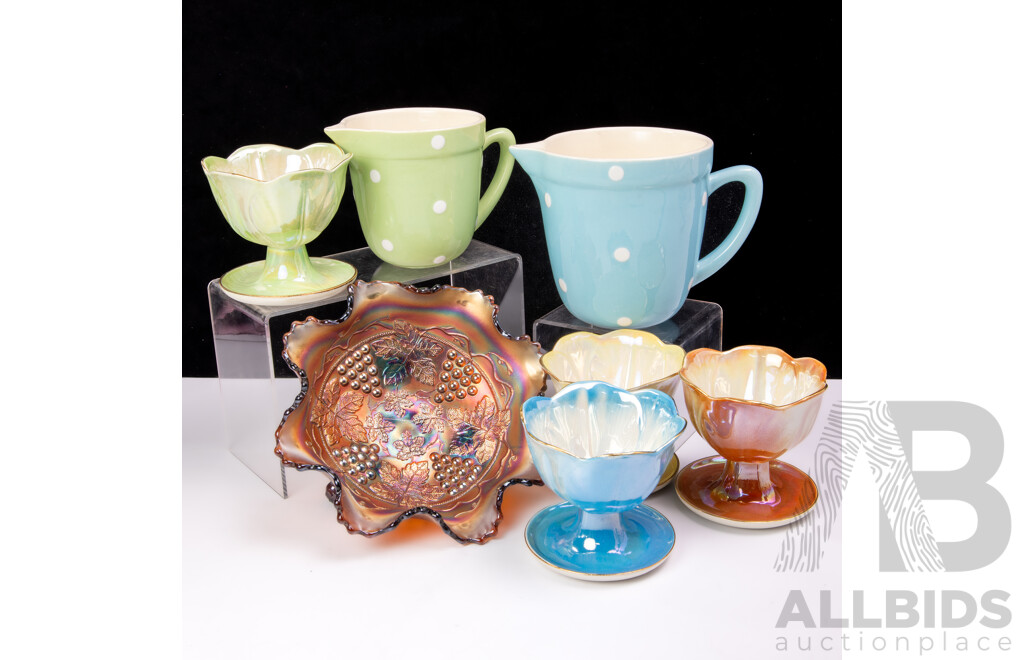 Set Four Vintage Wembley Ware Coupes, Two Dianna Pottery Jugs and Carnival Glass Footed Bowl