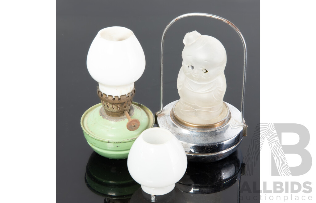 Antique Childs Miniature Oil Light with Spare Glass Shade Along with Oil Light with Kewpie Form Glass Shade