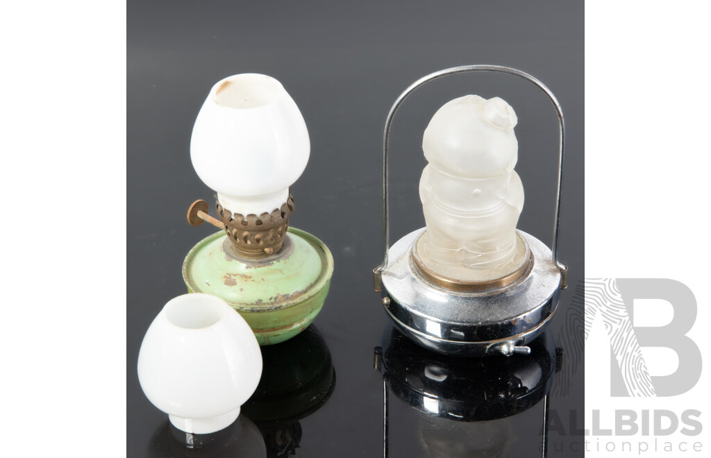 Antique Childs Miniature Oil Light with Spare Glass Shade Along with Oil Light with Kewpie Form Glass Shade