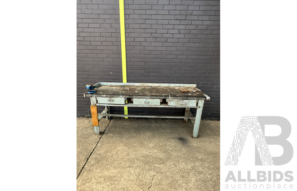 Vintage Timber Top Work Bench with Cast Iron Base