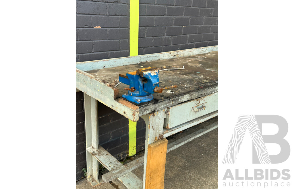 Vintage Timber Top Work Bench with Cast Iron Base