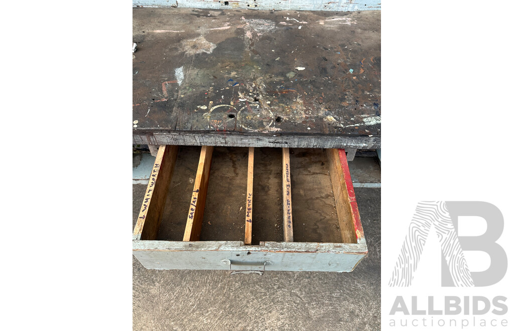 Vintage Timber Top Work Bench with Cast Iron Base