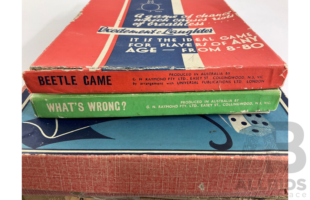 Three Vintage Australian Board Games Including National Series Fairyland, Whats's Wrong, Beetle Game, Toltoys Pick Upsticks