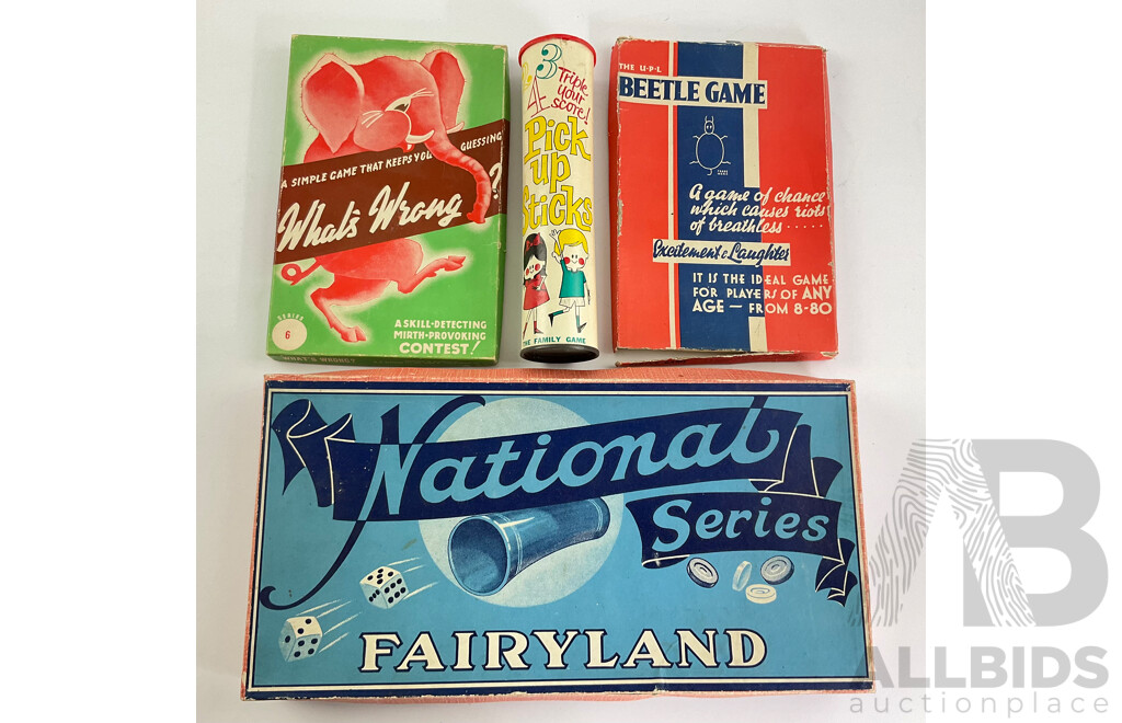 Three Vintage Australian Board Games Including National Series Fairyland, Whats's Wrong, Beetle Game, Toltoys Pick Upsticks
