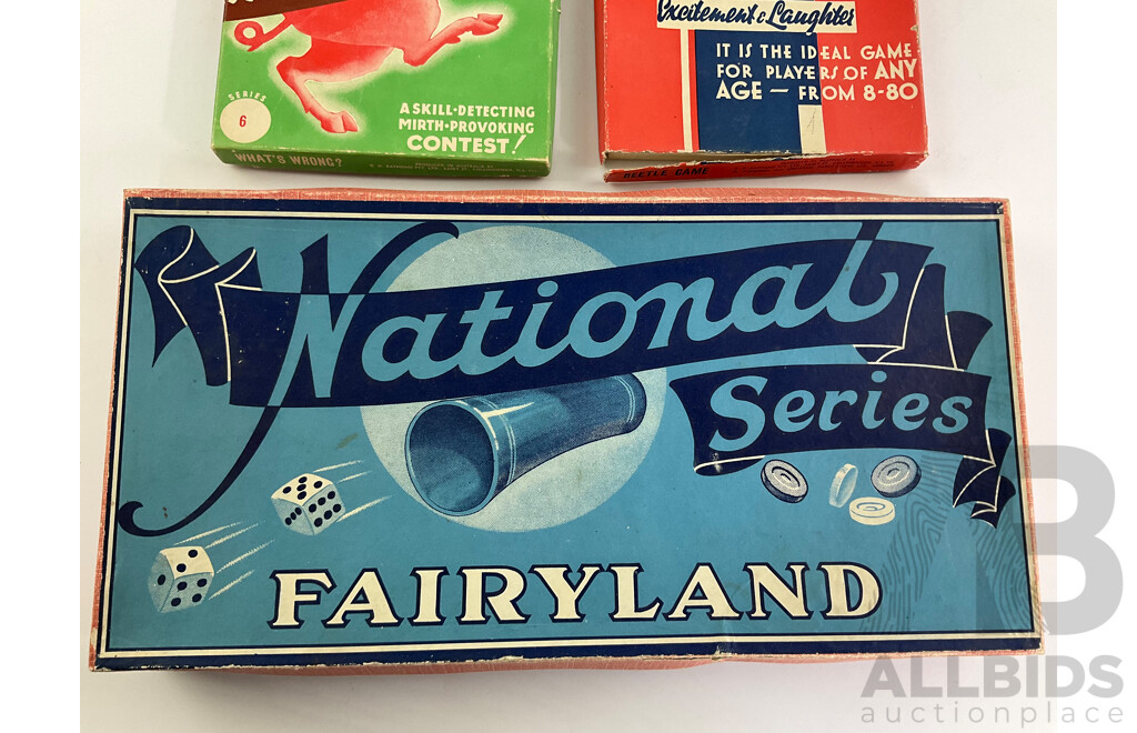 Three Vintage Australian Board Games Including National Series Fairyland, Whats's Wrong, Beetle Game, Toltoys Pick Upsticks