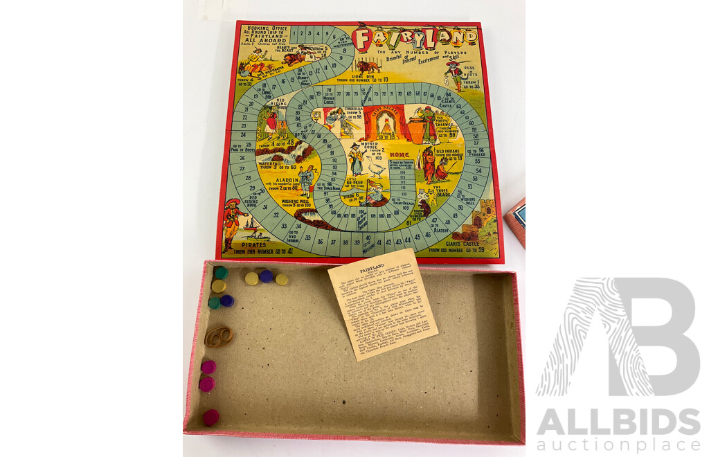 Three Vintage Australian Board Games Including National Series Fairyland, Whats's Wrong, Beetle Game, Toltoys Pick Upsticks