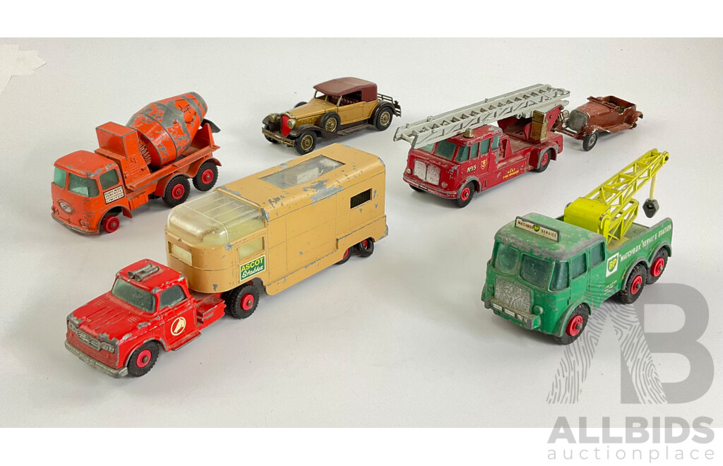 Collection of Vintage Matchbox King Size and Models of Yesteryear Including Merryweather Fire Truck, Ascot Stables Horse Van, Ready Mix Concrete Truck, Foden Breakdown Tractor