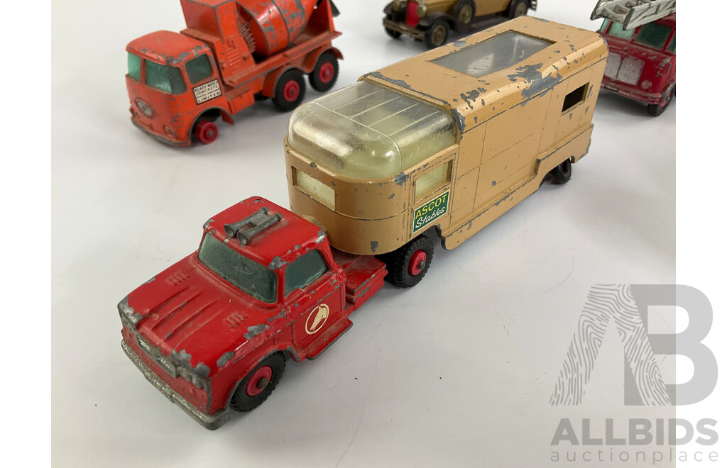 Collection of Vintage Matchbox King Size and Models of Yesteryear Including Merryweather Fire Truck, Ascot Stables Horse Van, Ready Mix Concrete Truck, Foden Breakdown Tractor