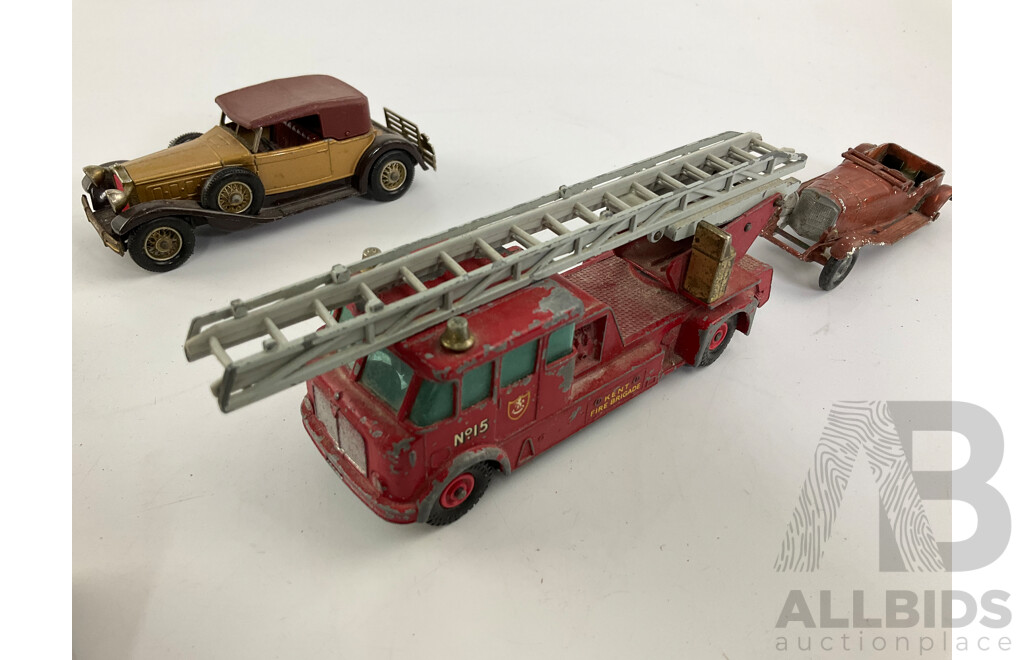 Collection of Vintage Matchbox King Size and Models of Yesteryear Including Merryweather Fire Truck, Ascot Stables Horse Van, Ready Mix Concrete Truck, Foden Breakdown Tractor