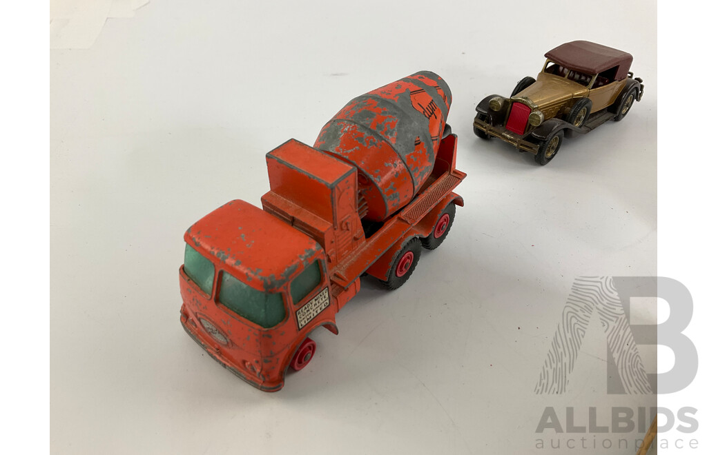 Collection of Vintage Matchbox King Size and Models of Yesteryear Including Merryweather Fire Truck, Ascot Stables Horse Van, Ready Mix Concrete Truck, Foden Breakdown Tractor