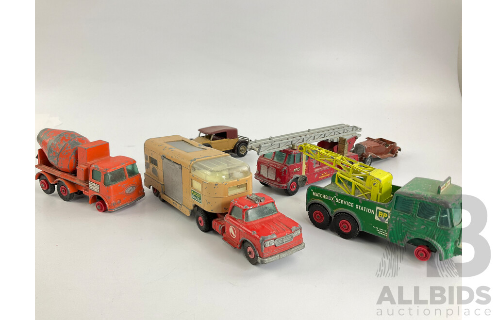 Collection of Vintage Matchbox King Size and Models of Yesteryear Including Merryweather Fire Truck, Ascot Stables Horse Van, Ready Mix Concrete Truck, Foden Breakdown Tractor