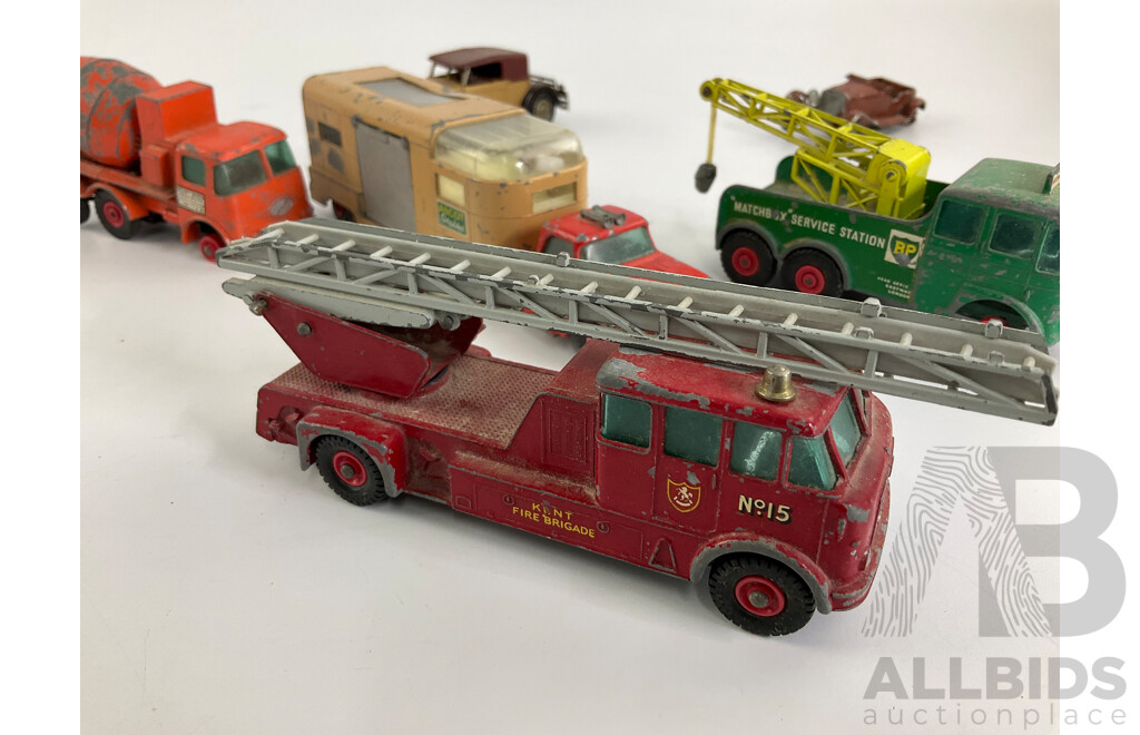 Collection of Vintage Matchbox King Size and Models of Yesteryear Including Merryweather Fire Truck, Ascot Stables Horse Van, Ready Mix Concrete Truck, Foden Breakdown Tractor