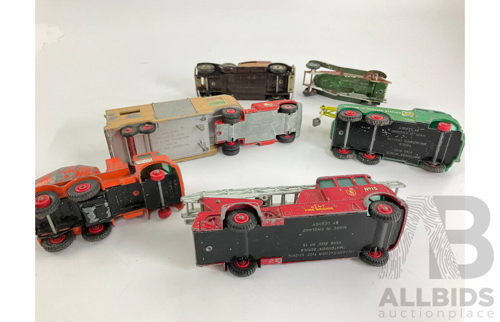 Collection of Vintage Matchbox King Size and Models of Yesteryear Including Merryweather Fire Truck, Ascot Stables Horse Van, Ready Mix Concrete Truck, Foden Breakdown Tractor