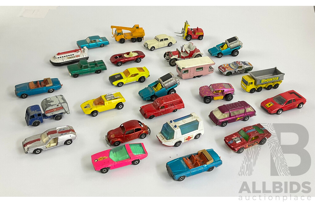 Collection of Vintage Diecast Matchbox Vehicles Including Custom Cars, VW, Trucks