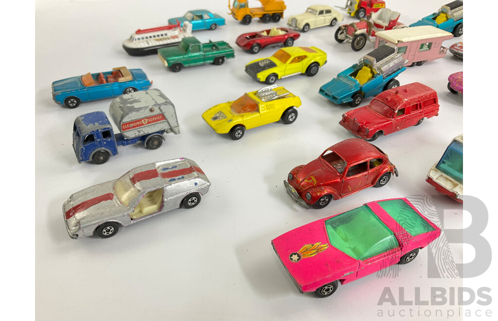 Collection of Vintage Diecast Matchbox Vehicles Including Custom Cars, VW, Trucks