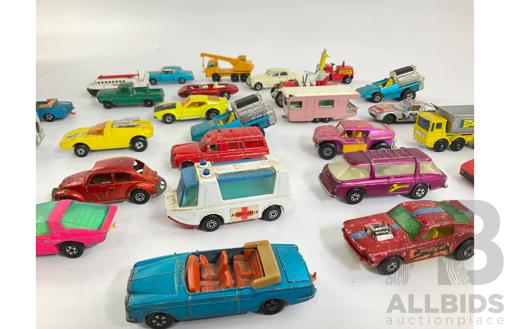 Collection of Vintage Diecast Matchbox Vehicles Including Custom Cars, VW, Trucks
