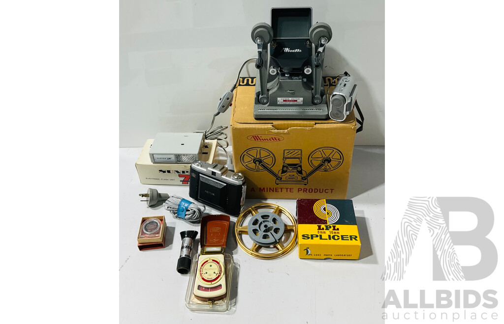 Collection of Vintage Film and Camera Gear Including Minette 8mm Film Viewer Editor M-2, Nettar Zeiss Ikon Folding Camera, Sunpak 7S Electronic Flash Unit and More