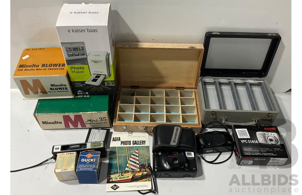 Collection of Vintage Cameras, Projectors, Photomaker From Sanyo, Samsung, Minolta and More
