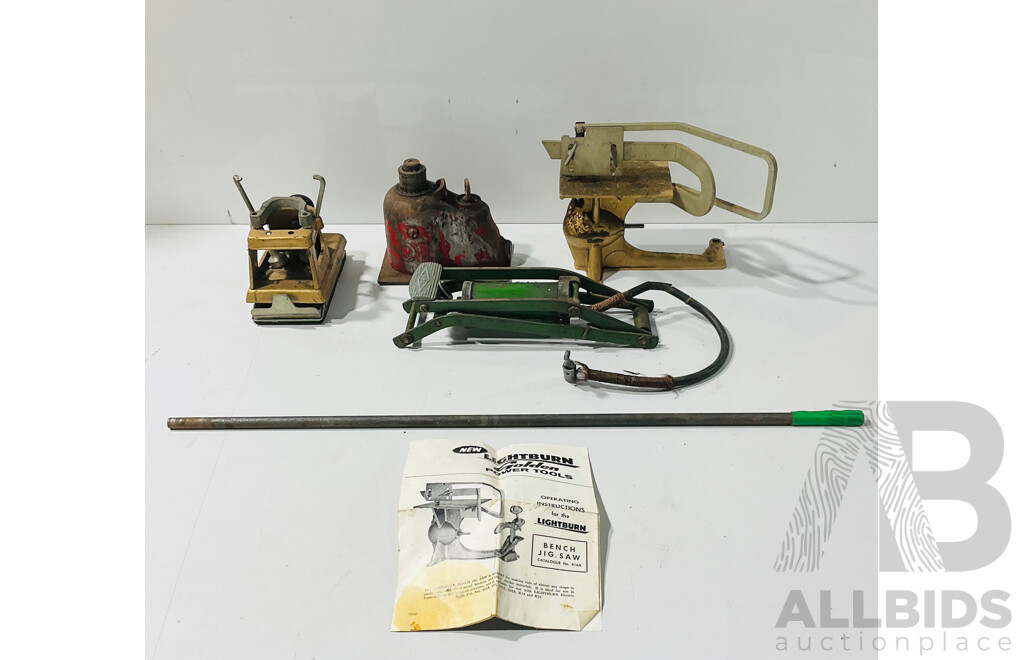 Vintage Lightburn Bench Jig Saw, Power Sander, H.P.S Tire Pump and Vehicle Jack