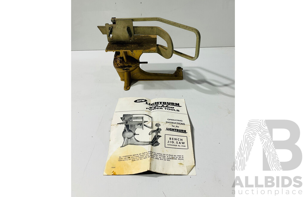 Vintage Lightburn Bench Jig Saw, Power Sander, H.P.S Tire Pump and Vehicle Jack