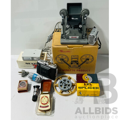 Collection of Vintage Film and Camera Gear Including Minette 8mm Film Viewer Editor M-2, Nettar Zeiss Ikon Folding Camera, Sunpak 7S Electronic Flash Unit and More