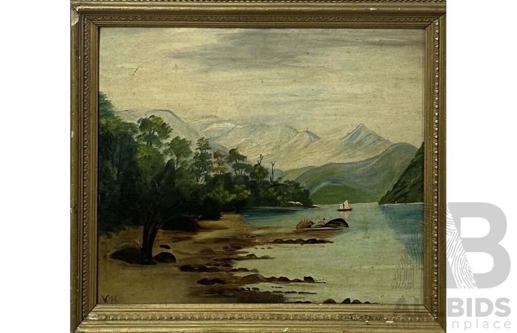 V. Hazelwood, (Early 20th Century), Boat Flanked by Snow Topped Mountains, Vintage Oil on Board, 41 x 46 cm (frame)