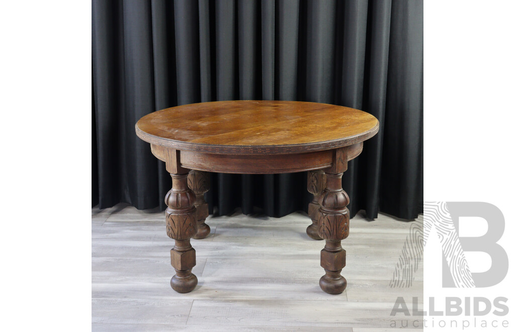 Antique Round Dining Table with Turned and Carved Legs