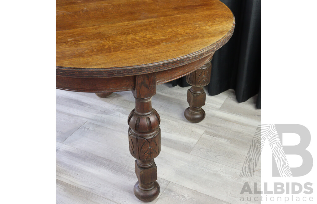 Antique Round Dining Table with Turned and Carved Legs