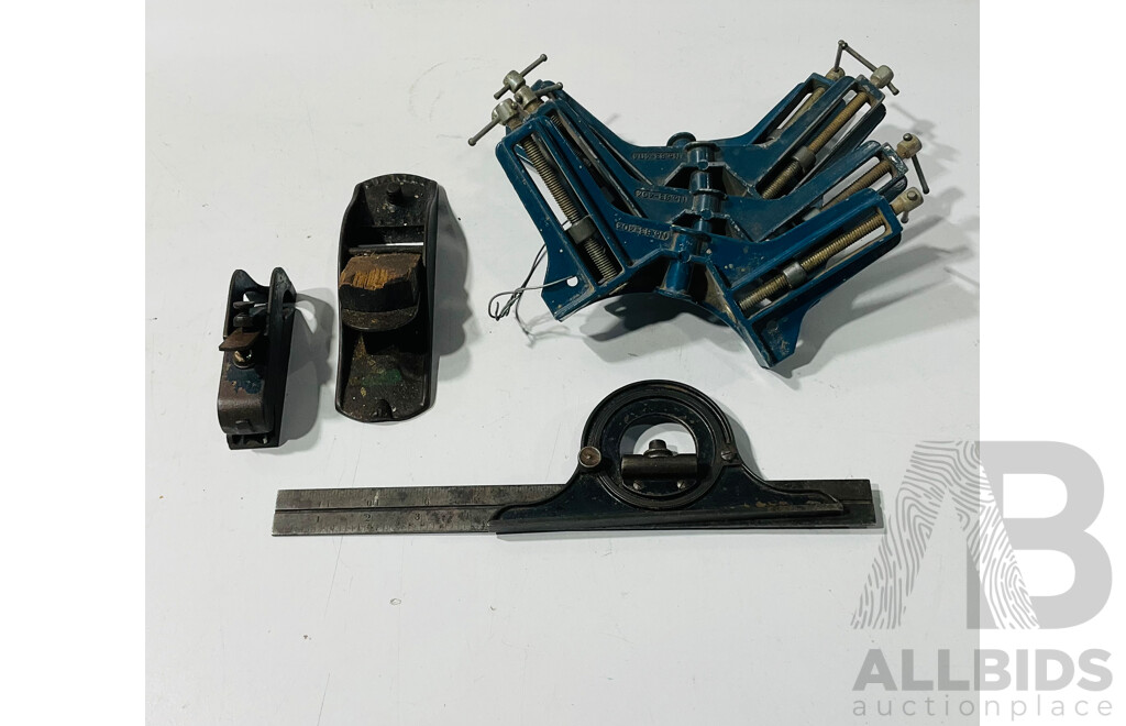 Vintage Bullnose Iron Rabbet Plane, Antique Stanley Plane No 110, L.S.S Co Combination Square, Four Corner Clamps