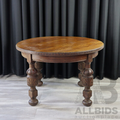 Antique Round Dining Table with Turned and Carved Legs