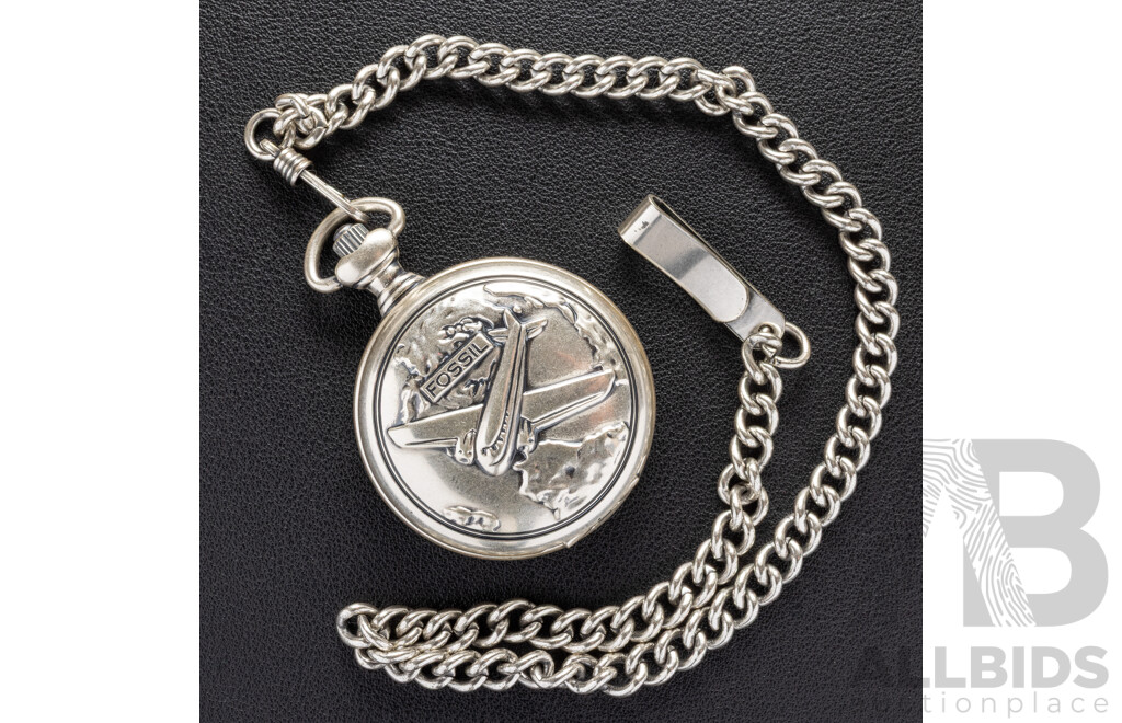 Fossil 45mm Silver Tone Pocket Watch with Aeorplane Motif, JR-7836, with Original Presentation Tin
