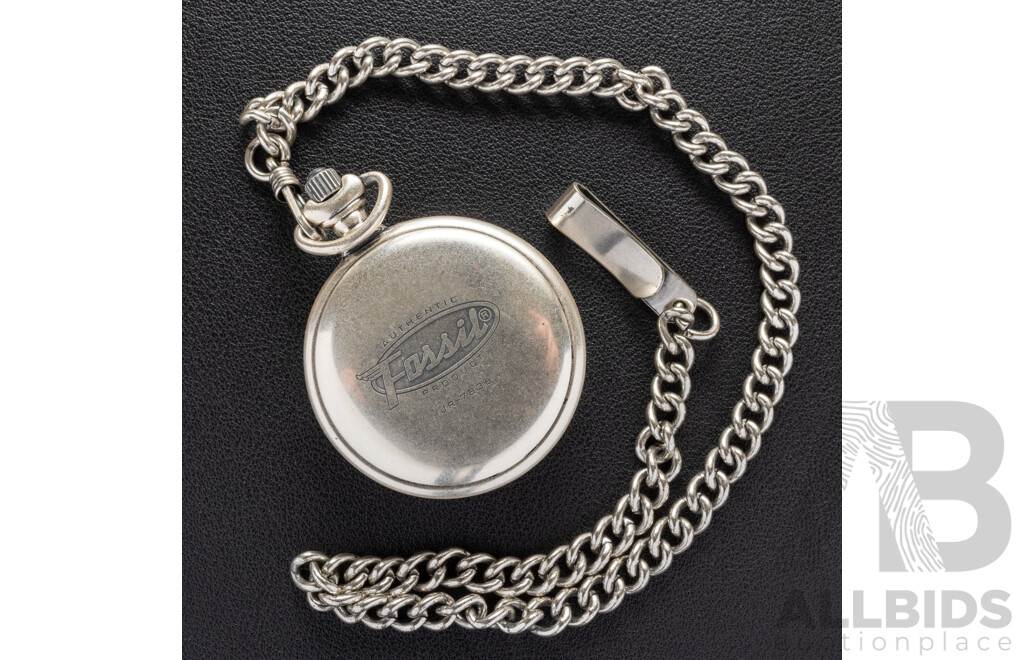 Fossil 45mm Silver Tone Pocket Watch with Aeorplane Motif, JR-7836, with Original Presentation Tin