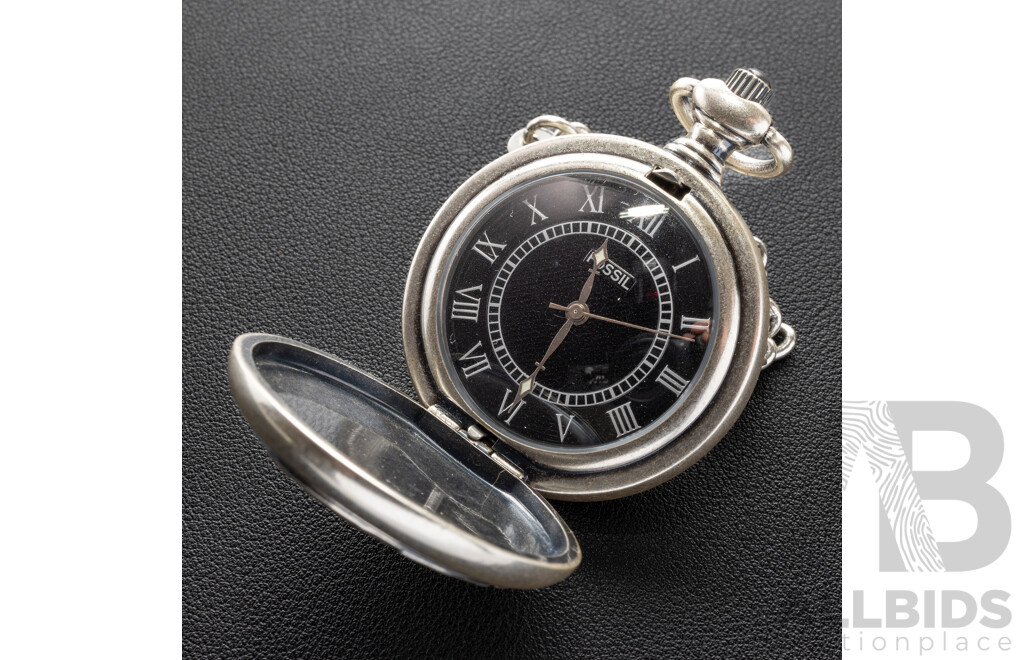 Fossil 45mm Silver Tone Pocket Watch with Aeorplane Motif, JR-7836, with Original Presentation Tin