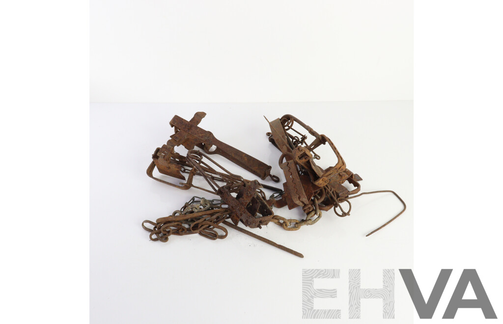 Collection of Six Vintage Metal Rabbit Traps