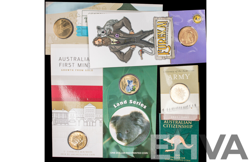 Australian RAM Commemorative One Dollar Coins Including 2016 Australia's First Mints C Mint Mark, 2017 Trans Australian Railway, 2001 Army Centenary, 2009 Citizenship, 2020 Eureka, 2008 Koala