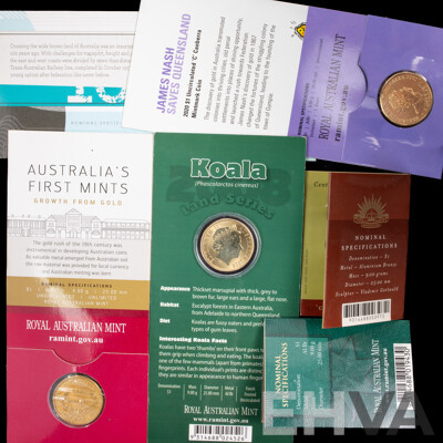 Australian RAM Commemorative One Dollar Coins Including 2016 Australia's First Mints C Mint Mark, 2017 Trans Australian Railway, 2001 Army Centenary, 2009 Citizenship, 2020 Eureka, 2008 Koala