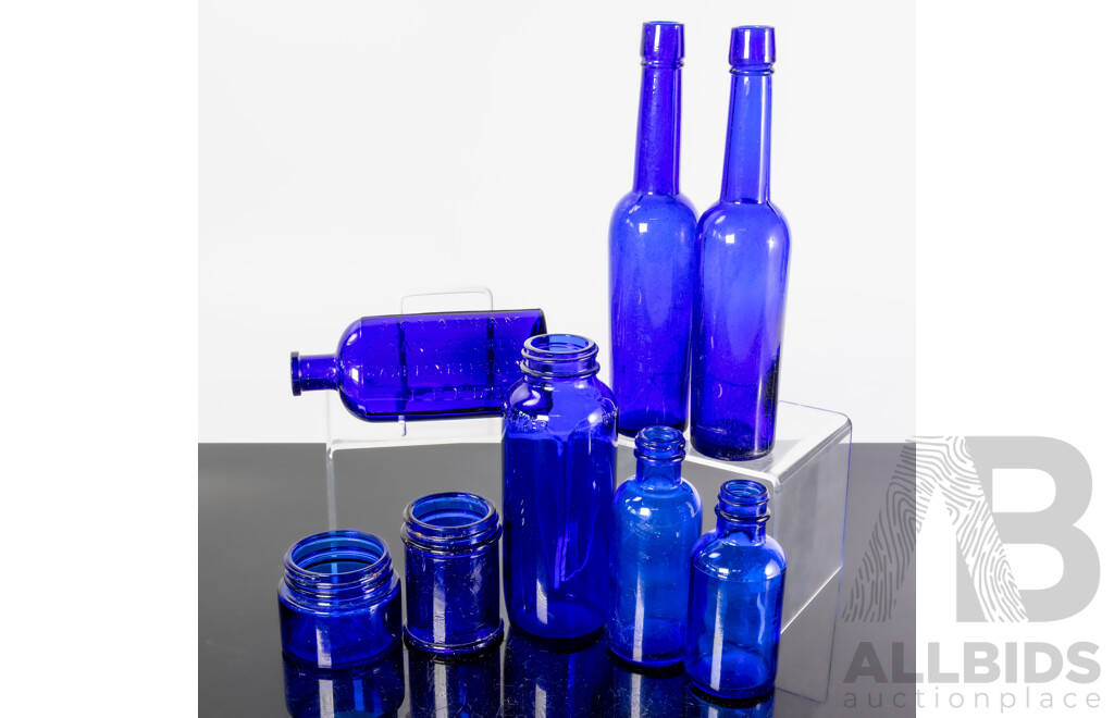 Collection Antique and Vintage Eight Bristol Blue Bottles and Containers