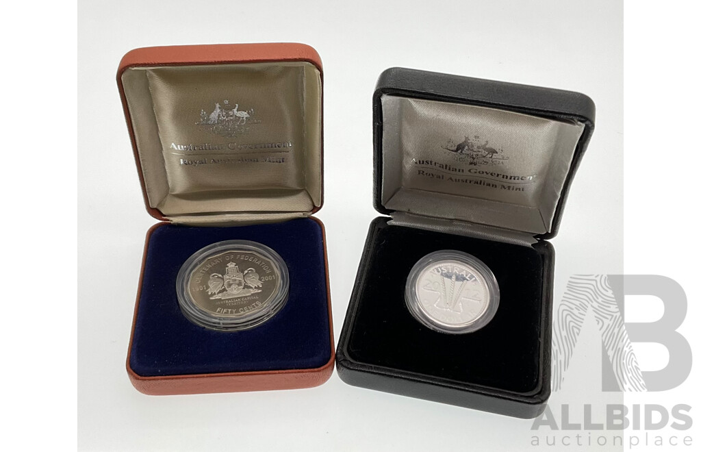 Australian RAM 2012 Silver Wheat Dollar with 2001 Proof Fifty Cent Coin, ACT