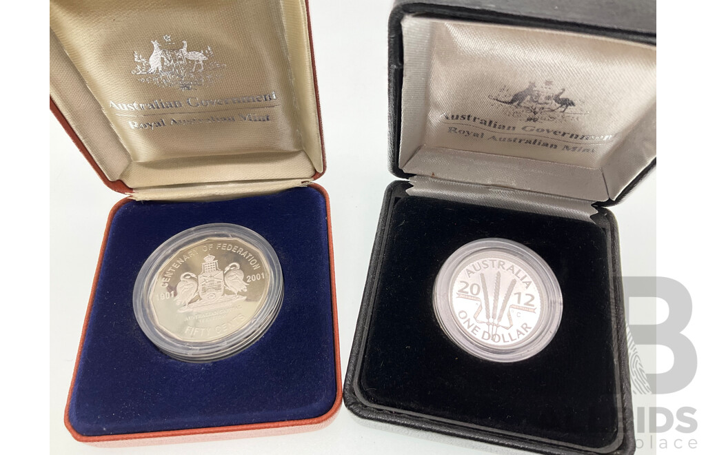 Australian RAM 2012 Silver Wheat Dollar with 2001 Proof Fifty Cent Coin, ACT