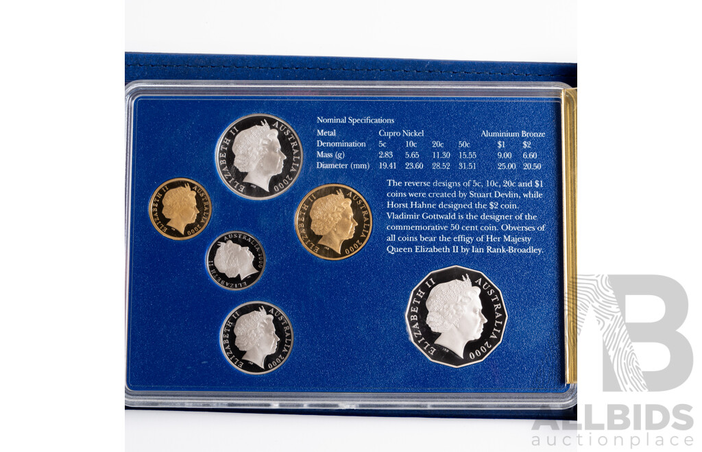Australian RAM 2000 Six Proof Coin Set with Coloured Fifty Cent, Millennium Year