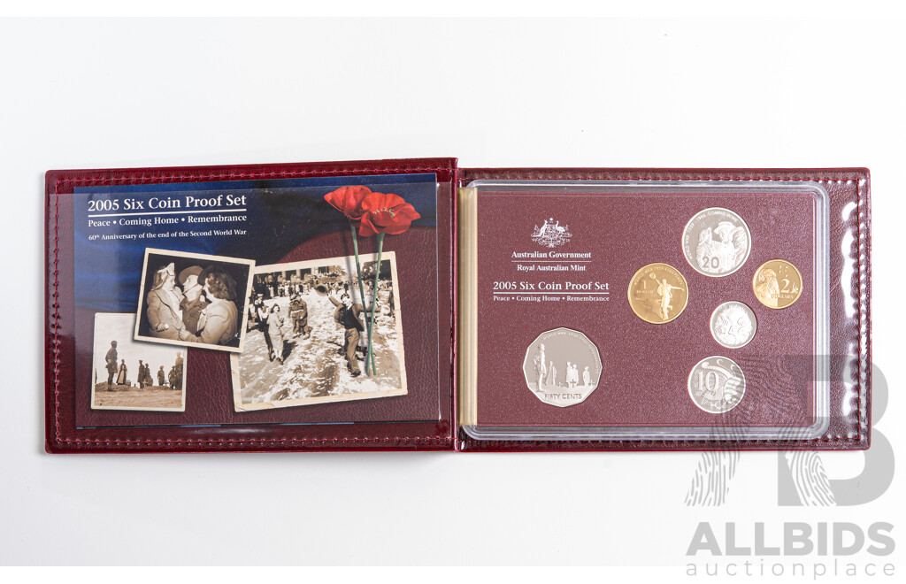 Australian RAM 2005 Six Proof Coin Set with Commemorative One Dollar Peace, Fifty Cent Remembrance and Twenty Cent Coming Home